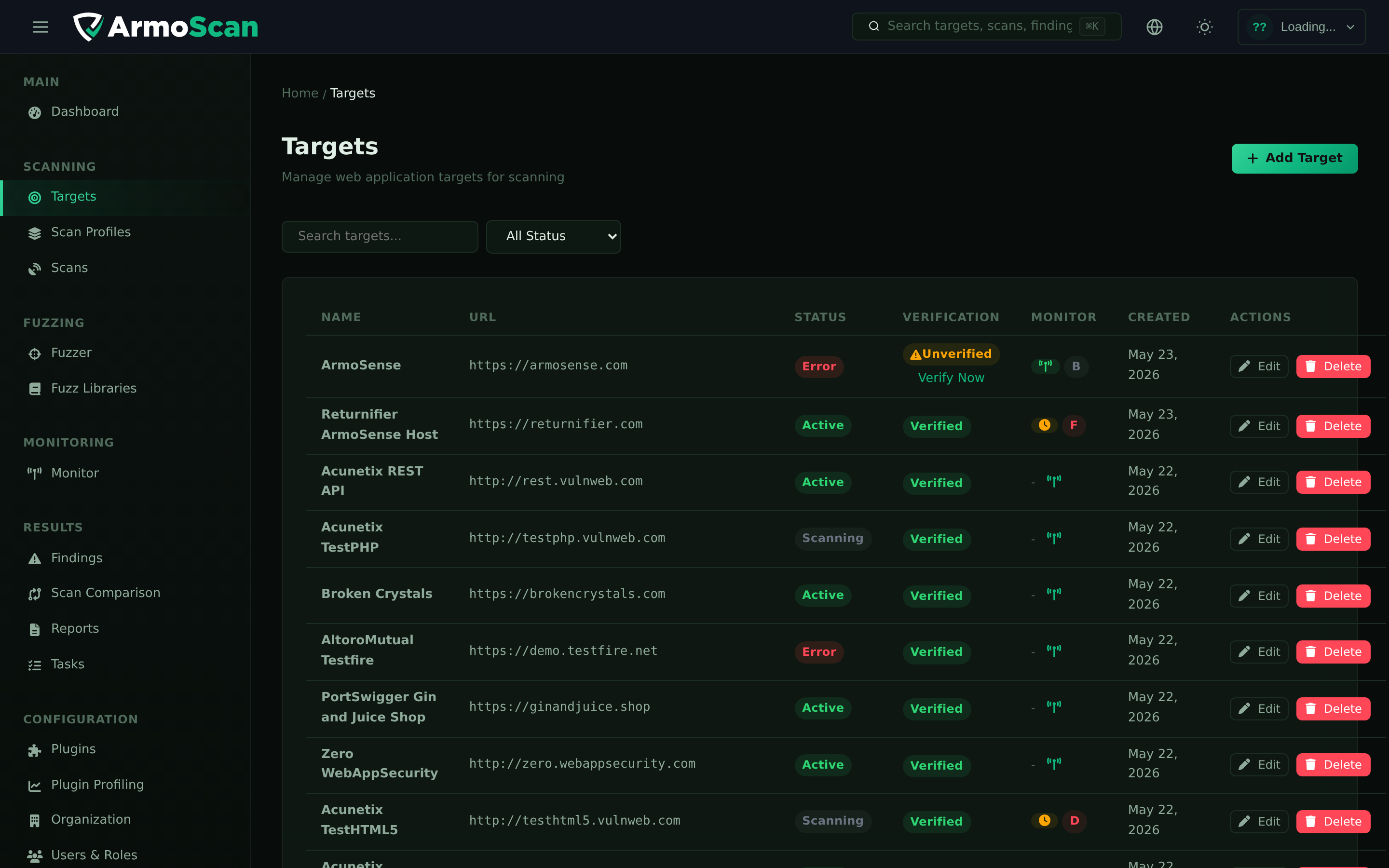 ArmoScan — add and verify scan targets